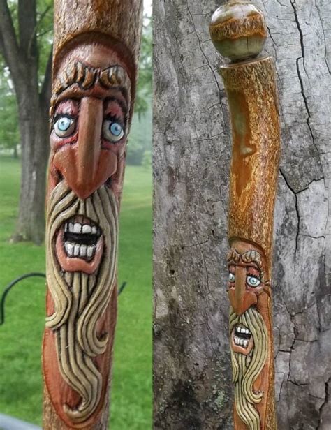 Hand Carved Wood Spirit Walking Stick By Artist Steve Bond In Sassafras