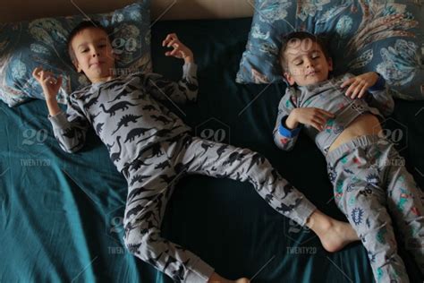 Morning Two Little Boys Two Brothers Lie In Their Parents Bed