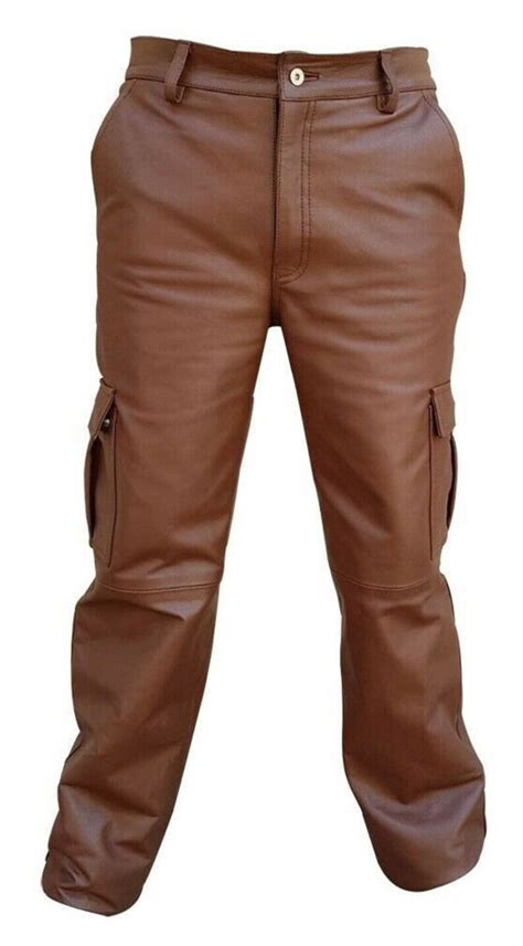 Mens Real Brown Leather Pants Motorbike Pent Cargo Trouser Etsy