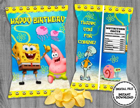 Spongebob Chip Bag Digital Spongebob Birthday Party Etsy
