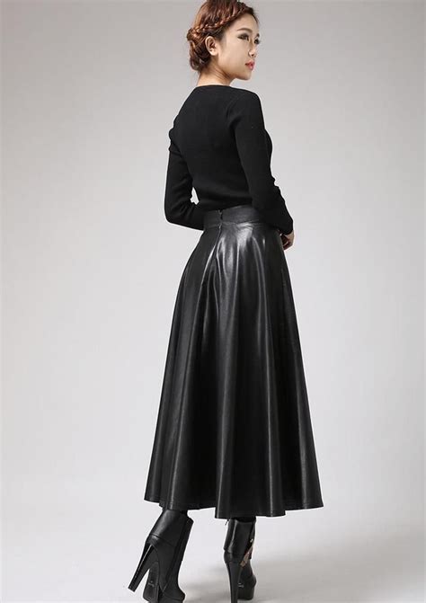 Black Faux Leather Skirt Classic Style Maxi Skirt Women Pu Etsy Long Leather Skirt Leather