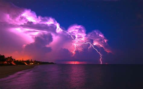 Download 1920x1200 Lightning Storm Clouds Sky Stars Sea Beach Night The