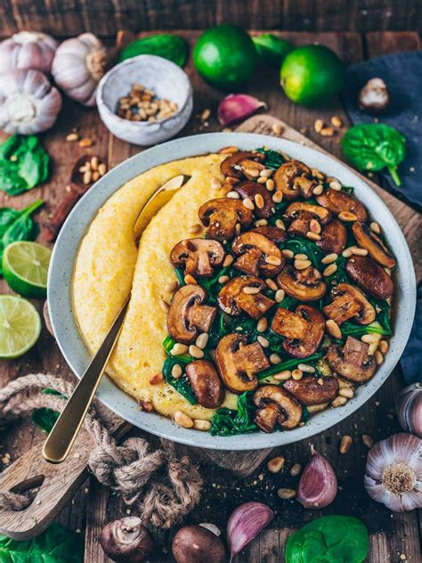 Creamy Vegan Polenta with Mushrooms and Spinach - Bianca Zapatka | Recipes