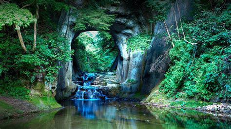 Water River Trees Nature Japan Rocks Landscape Cave Plants