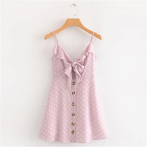 Firstto Sweet Polka Dot Print Backless Chest Lacing Up Tied Bow Slim Mini Dress Trendy Holiday
