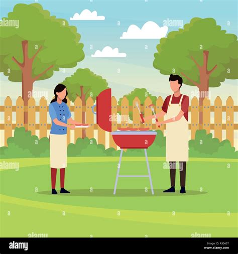 Couple Doing Barbecue Picnic Avatar Cartoons Vector Illustration
