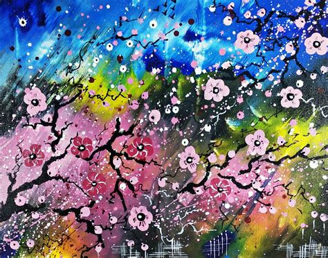 Cherry Blossom Acrylic On Canvas Painting Pour Painting Abstract