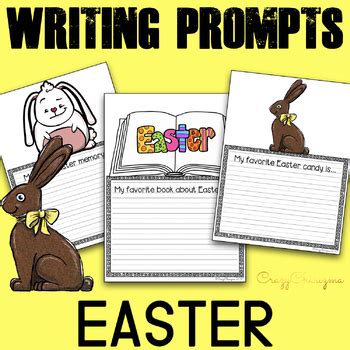 Below each picture is a simple writing prompt that poses a question or invites the student to continue the story. Easter Writing Prompts for Kindergarten by CrazyCharizma | TpT