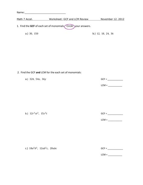 Find The Gcf Of Numbers And Monomials Worksheet