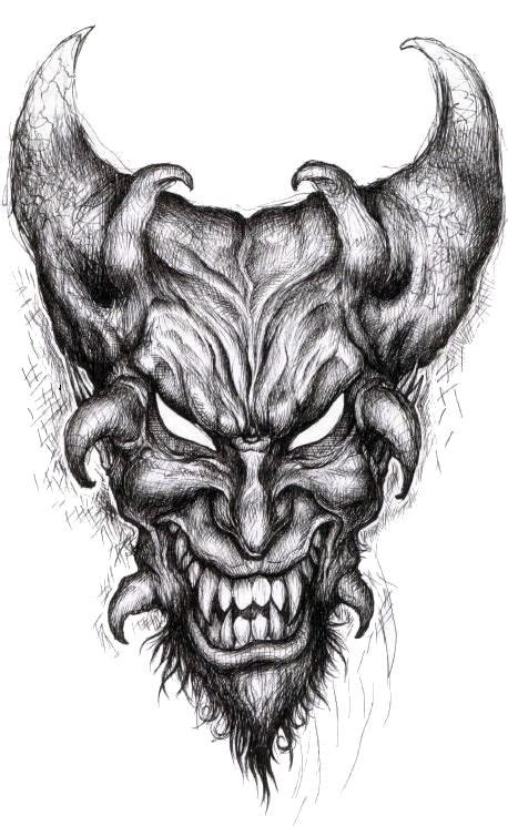 Crazy Black Ink Blind Demon Face Tattoo Design By The Lob