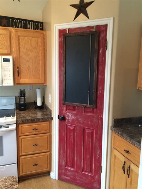 By using various colored stains, paints, tools, props, and final finishes, anyone can achieve this. Pantry door distressed with red paint | Painted pantry ...
