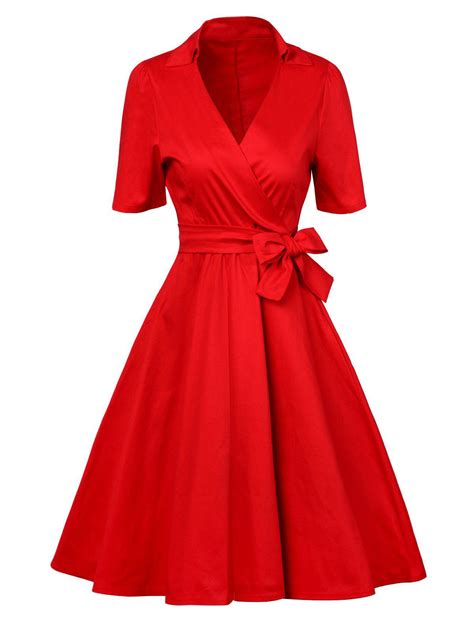 Red M Vintage Plunge Work Wrap Swing A Line Dress