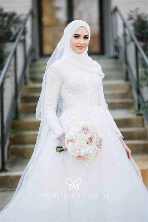 Long Sleeve White Lace Tulle Muslim Wedding Dress Vq