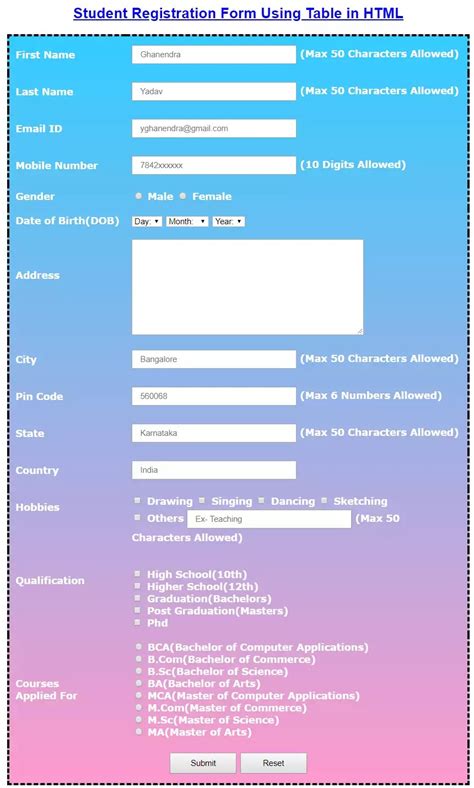 Student Registration Form Template Html Css Free Download Printable Templates