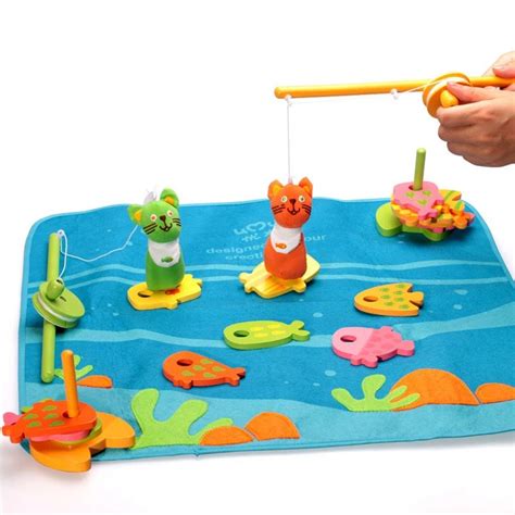 Wooden Children Fishing Kitty Toys 14 Fishes 2 Magnetic Sea Fishing