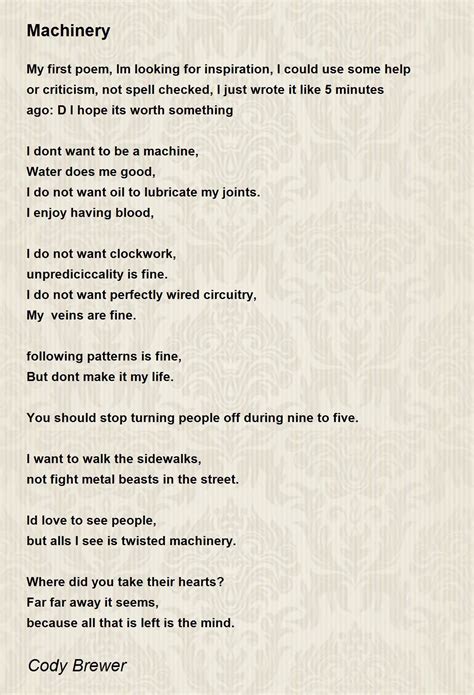 Machinery By Cody Brewer Machinery Poem