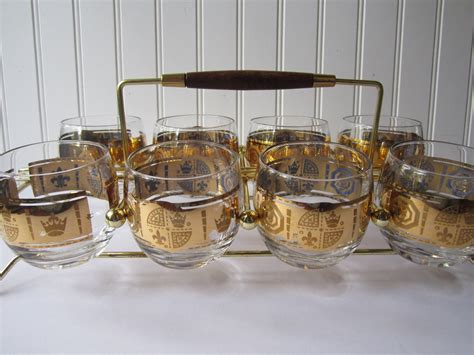 Vintage Regal Gold Bar Glasses Set Of Eight With Metal Carrier