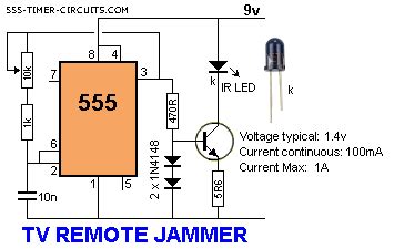 The schematic shown below is a 555 timer circuit. TV REMOTE CONTROL JAMMER Circuit
