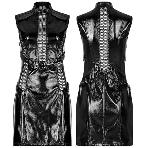 Womens Punk Stand Collar Cutout Faux Leather Dress Punk Design