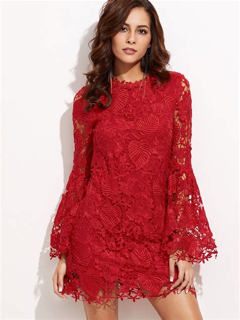 red embroidered lace overlay bell sleeve dress red lace dress floral dresses short red
