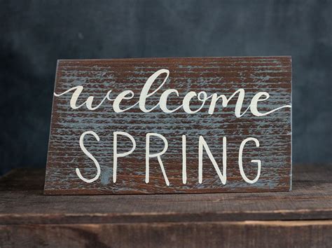 Welcome Spring Sign Hand Lettered Reclaimed Wood Rustic Distressed Blue