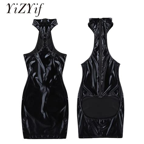 Jual Bebas Ongkir Yizyif Women Club Wear Sexy Bodysuits Leotards Black Wetlook Shiny Patent
