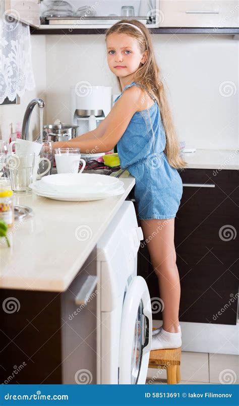 Girl Doing Dishes At Kitchen Stock Image Image Of Hard Portrait