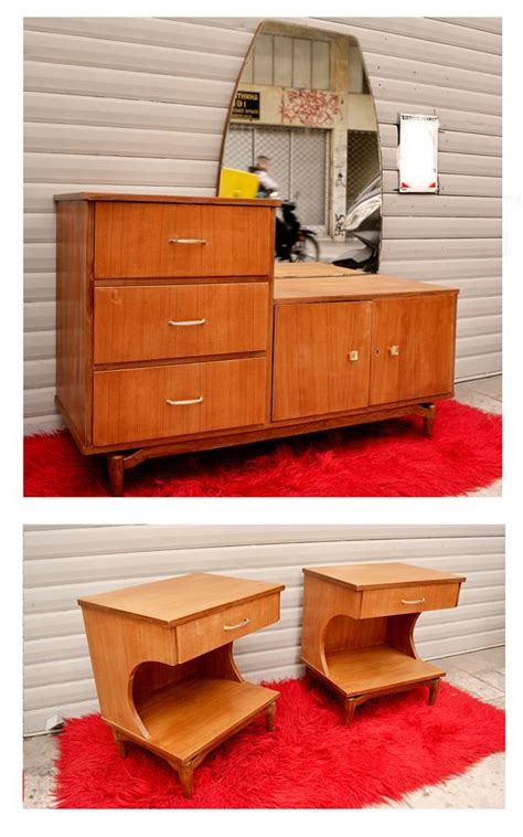Two Pictures Of A Dresser And Mirror With Red Carpet On The Floor Next