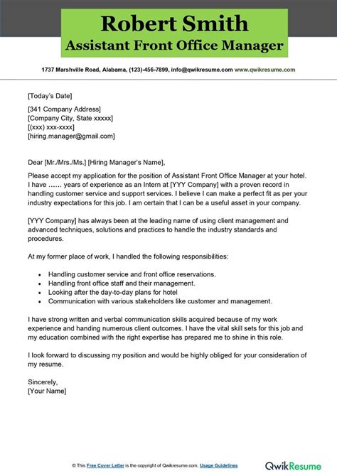 Assistant Front Office Manager Cover Letter Examples QwikResume