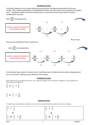 Gcse Fractions Simplifying Adding Subtracting Dividing And