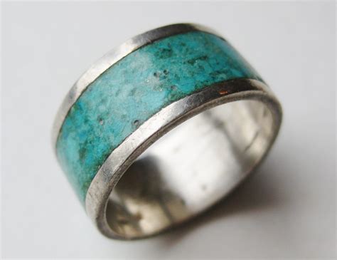 Vintage Modernist Ring Mexican Sterling Silver Turquoise Inlay Band