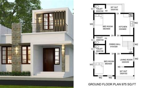 975 Square Feet 2 Bhk Contemporary Style Single Floor House And Plan