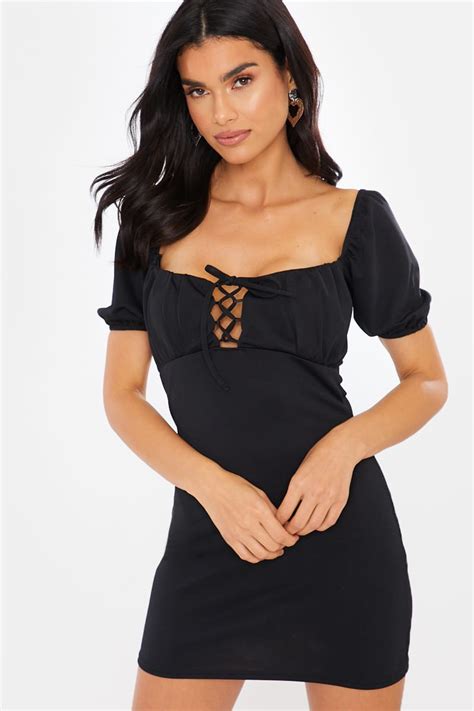 Black Milkmaid Lace Up Tie Front Detail Mini Dress In The Style