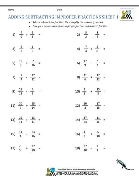 Adding And Subtracting Improper Fractions And Mixed Numbers Worksheet