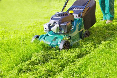 Worker With Lawnmower Mows Green Grass Stock Image Image Of Grass