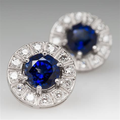 Rich Blue Sapphire Diamond Halo Stud Earrings Platinum