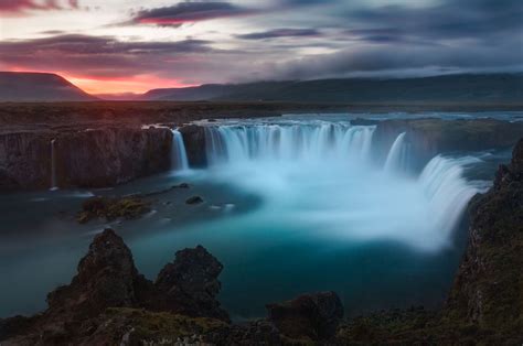 Wallpaper Hills River Sunset Iceland Godafoss Waterfall