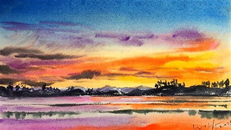 Watercolor Lake Sunset Demonstration Watercolor Lake Water Painting