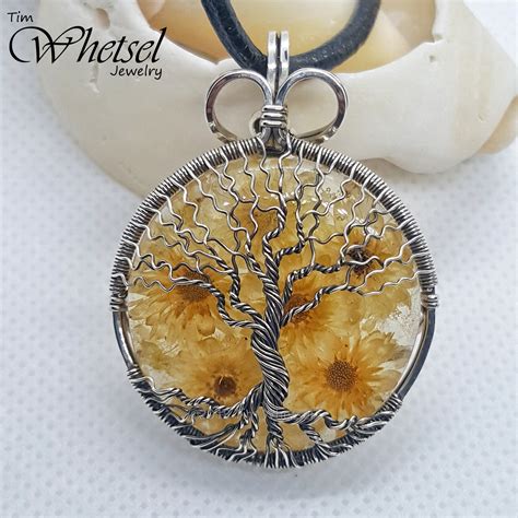Dried Flowers And Resin Tree Of Life Necklace Pendant Handmade