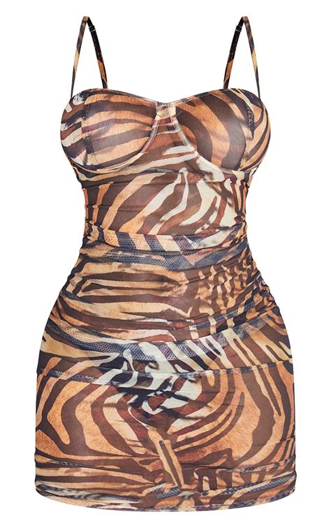 Shape Brown Zebra Mesh Contrast Bodycon Dress Prettylittlething Ca