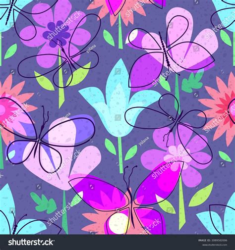 Cute Colorful Flowers Butterflies Summer Background Stock Vector
