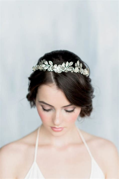 Silver Bridal Crown Wedding Tiara Crystal Leaf Headband Twig