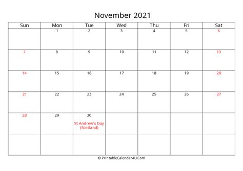 November 2021 Calendar Printable With Uk Bank Holidays Week Start On