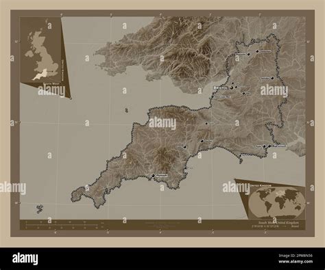South West Region Of United Kingdom Elevation Map Colored In Sepia
