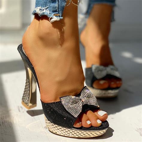 Womens High Heeled Slippers Ladies Platform Bowknot Crystal Causal Peep Toe Shoes Slippers