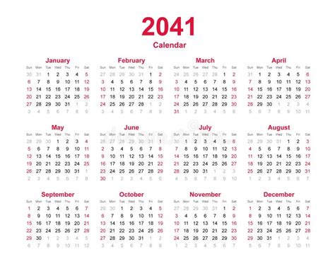 Calendar 2041 12 Months Yearly Vector Calendar In Year 2041