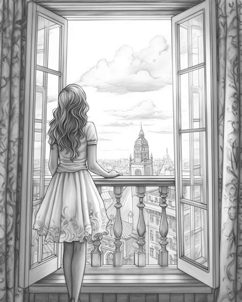 Premium Ai Image A Drawing Of A Girl Looking Out A Window At A City