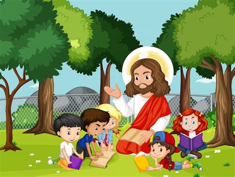 Jesús Con Niños En El Parque Vector Gratis