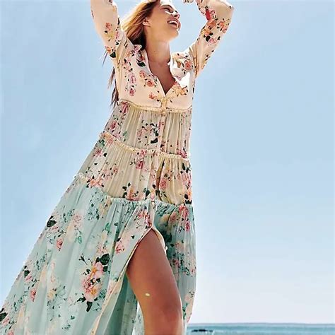 2019 Women Floral Print Chiffon Maxi Dress Boho V Neck Ruffle Split Beach Dresses Casual Button
