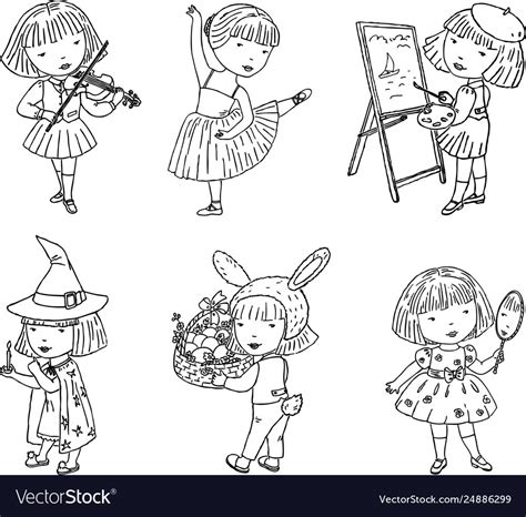 Outline Drawings A Little Girl And Her Hobbies Vector Image
